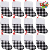5” White Black Buffalo Plaid Christmas Stockings, 12 Pack